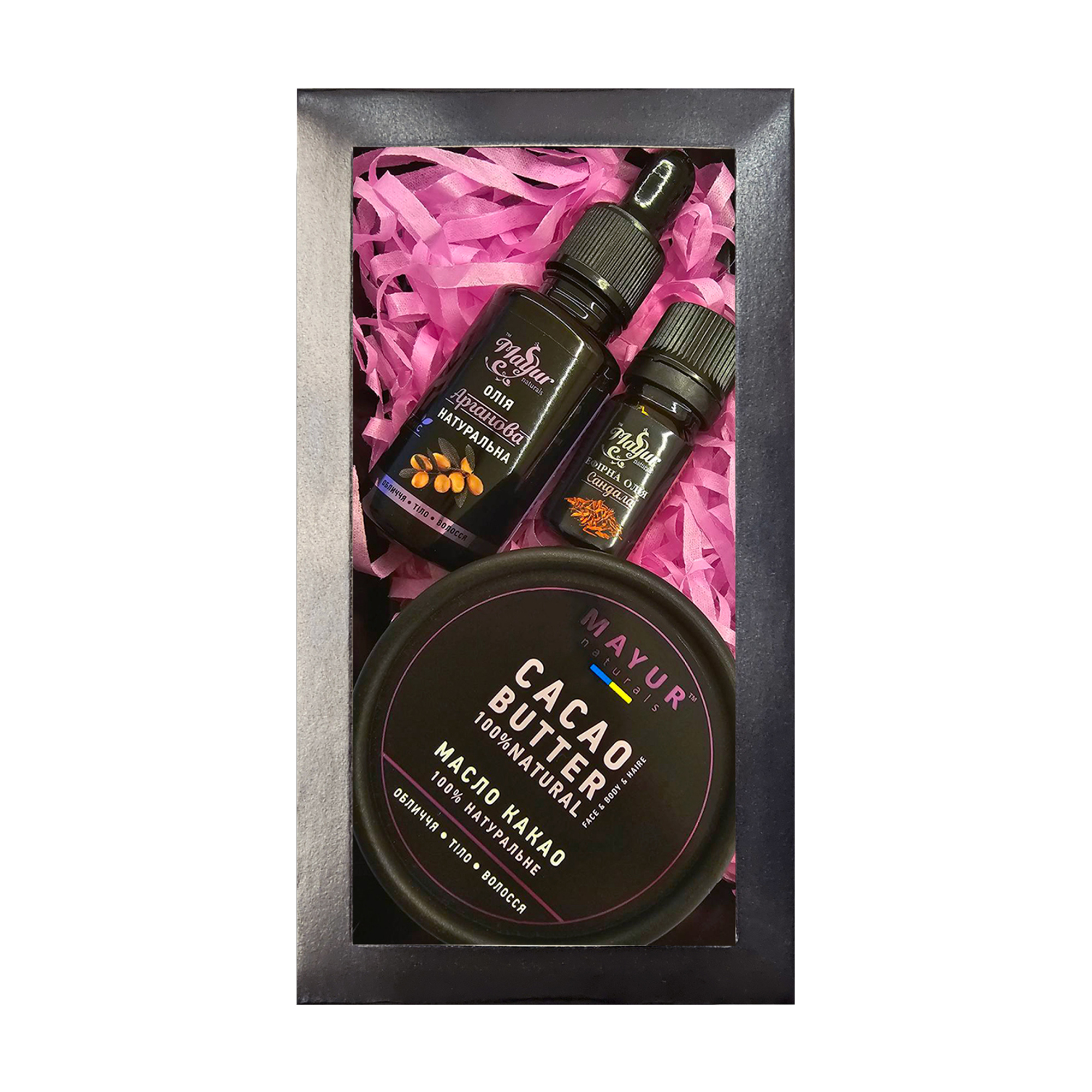 

Уцінка! Набір для тіла та волосся Mayur Аргана, сандал та какао (масло какао, 50 мл + олія арганова, 30 мл + ефірна олія, 5 мл)