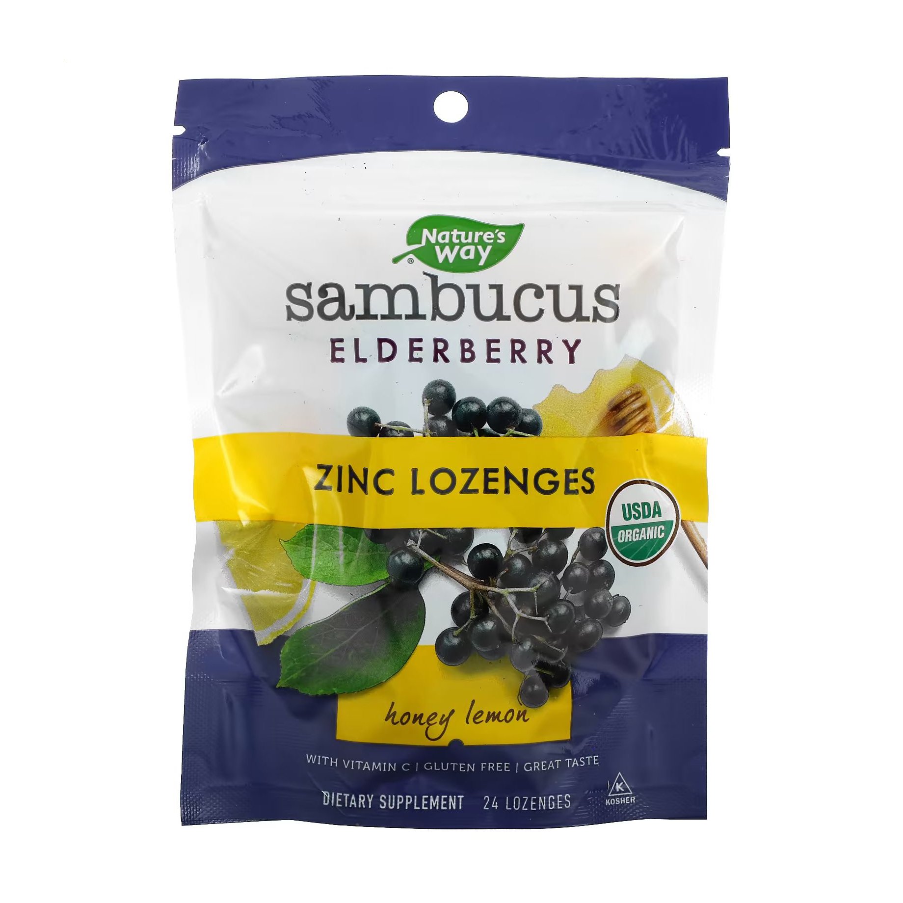 

Чорна бузина з цинком для дітей Nature's Way Sambucus Elderberry Zinc Lozenges Honey Lemon зі смаком лимона, 24 льодяники
