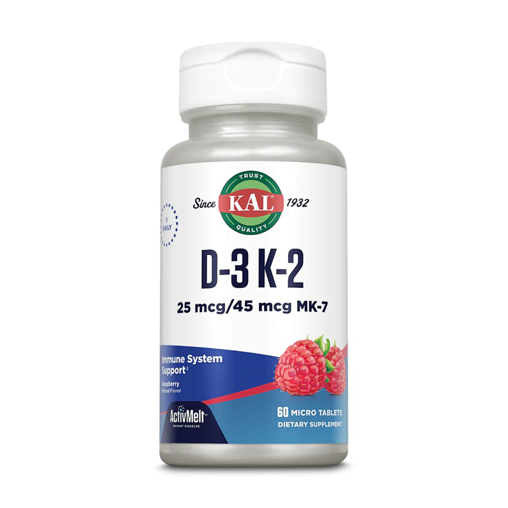 

Вітамін Д3 та K2 KAL D-3 K-2 зі смаком малини, 60 мікротаблеток
