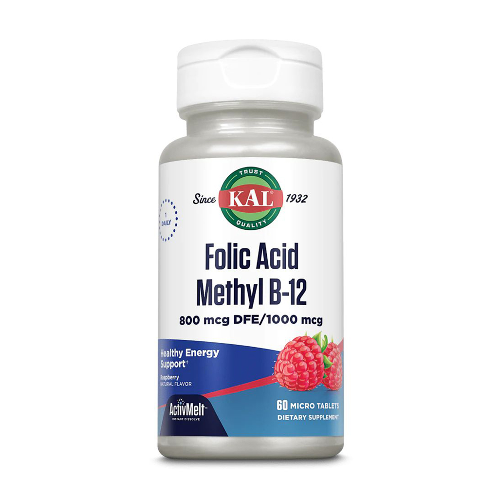 

Фолієва кислота 800 мкг Метил B-12 KAL Folic Acid Methyl B-12, 1000 мкг, зі смаком малини, 60 мікротаблеток