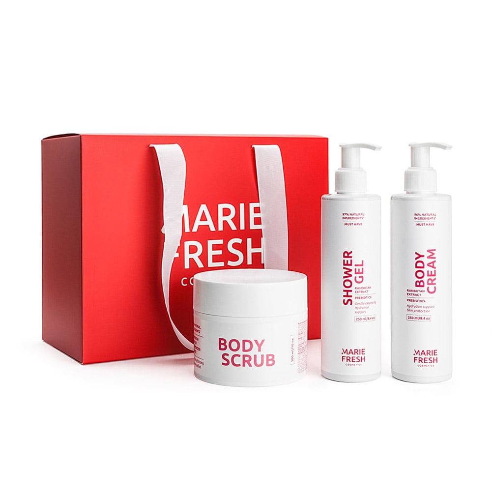 

Уцінка! Подарунковий набір для тіла Marie Fresh Cosmetics Body Holiday Beauty Set (гель для душа, 250 мл + скраб, 300 мл + крем, 250 мл)