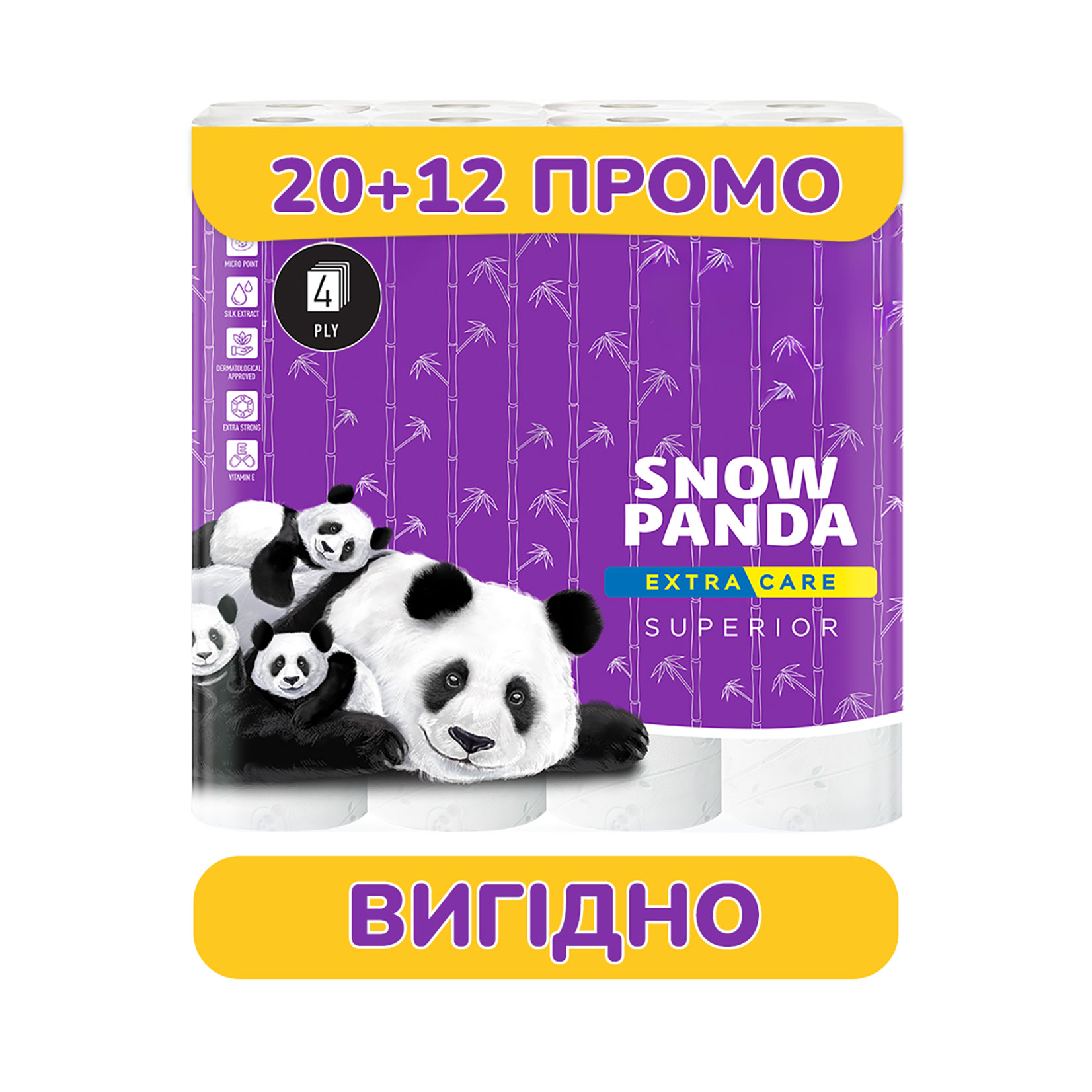 Туалетний папір Сніжна Панда Extra Care Superior білий, 4-шаровий, 32 рулони