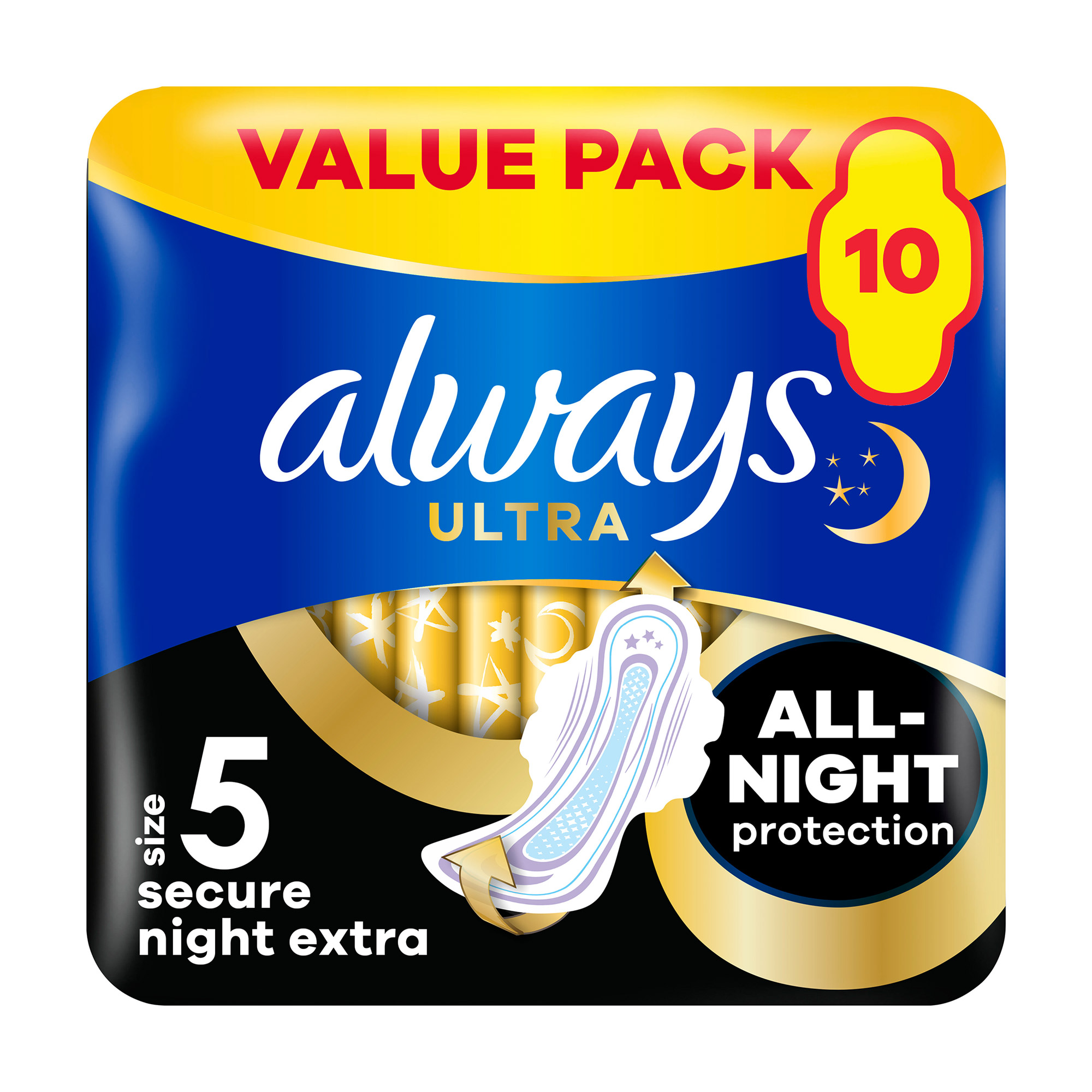 

Уцінка! Гігієнічні прокладки для критичних днів Always Ultra Secure Night Extra розмір 5, 10 шт