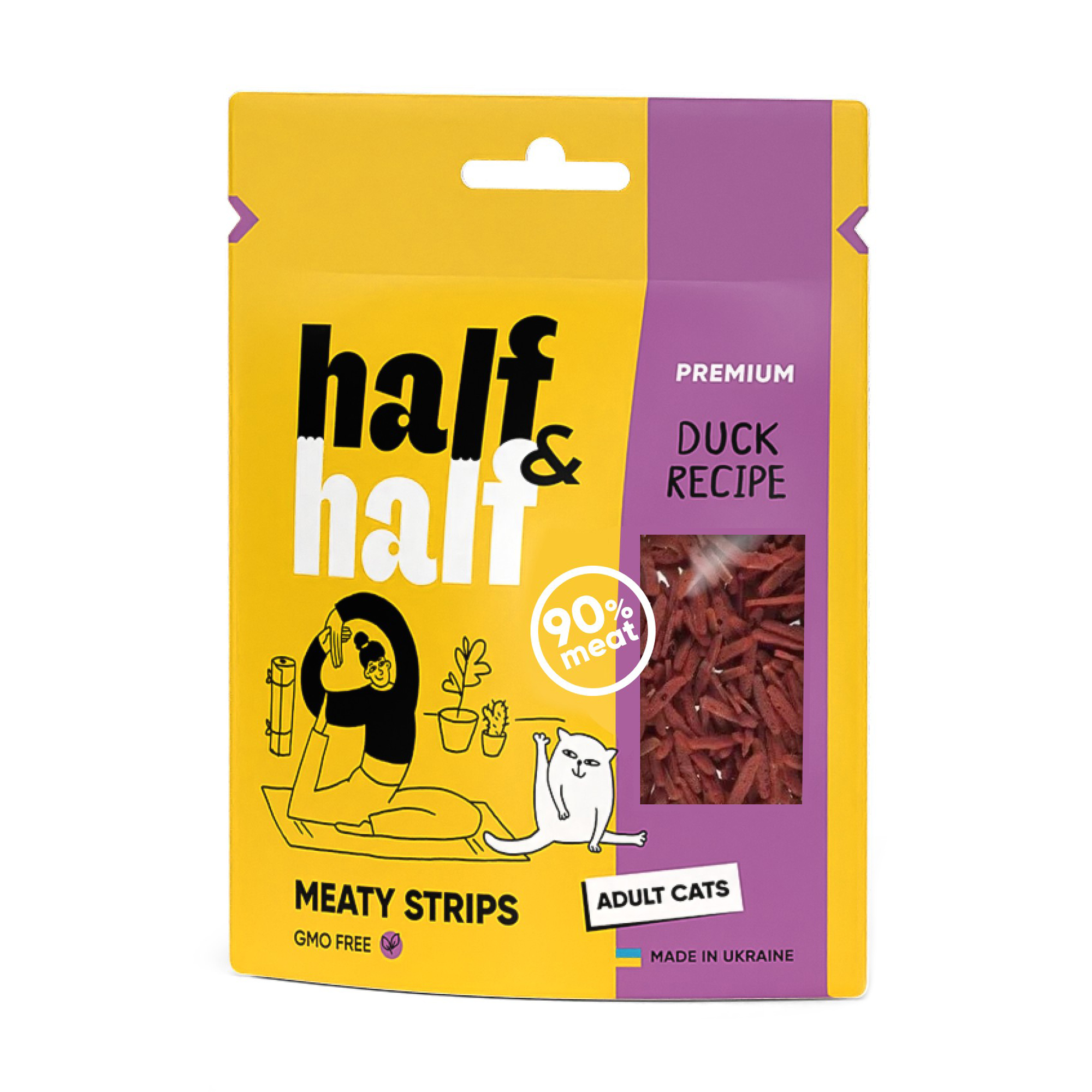 

Уцінка! Ласощі для кішок Half&Half у формі м'ясних смужок, із качкою, 50 г