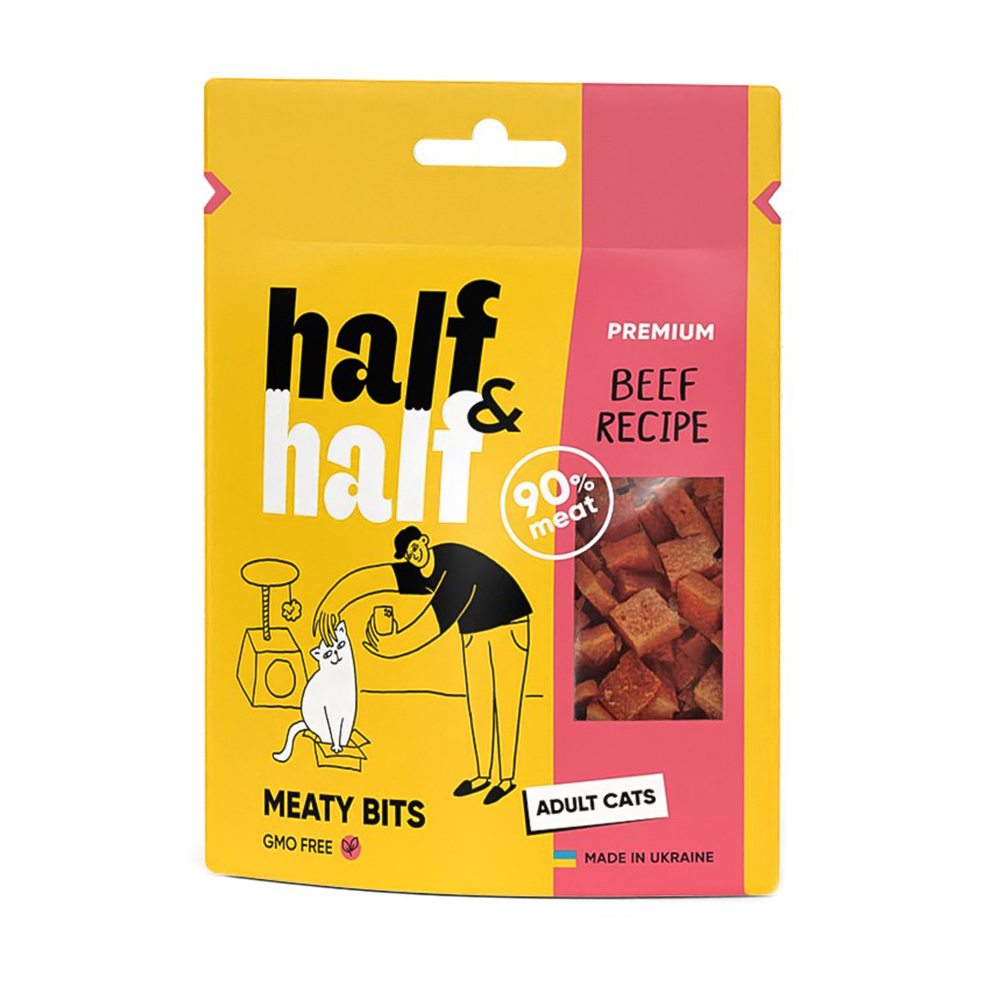 

Уцінка! Ласощі для кішок Half&Half у формі м'ясних шматочків, із яловичиною, 50 г