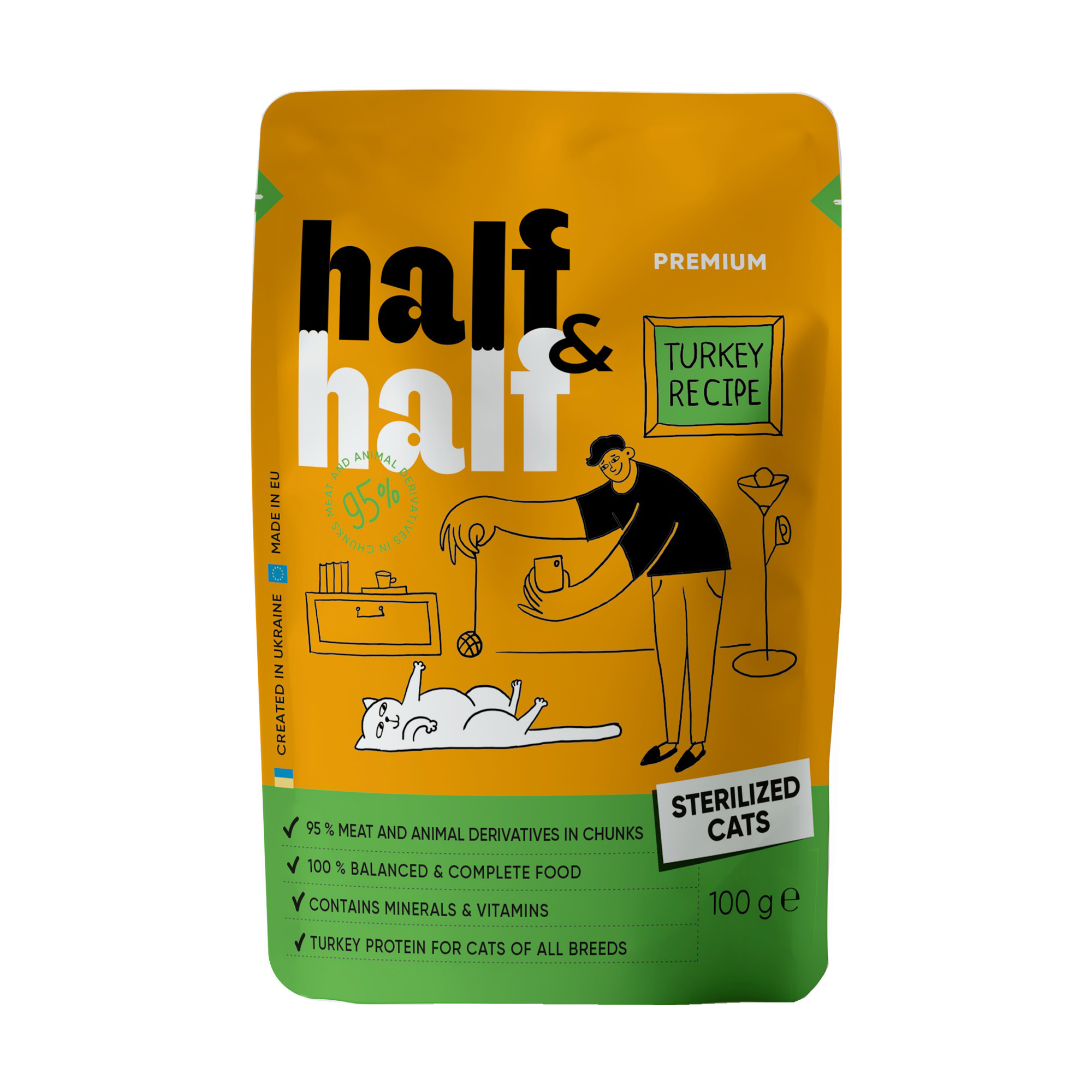 

Вологий корм для стерилізованих кішок Half&Half шматочки з індичкою в желе, 100 г