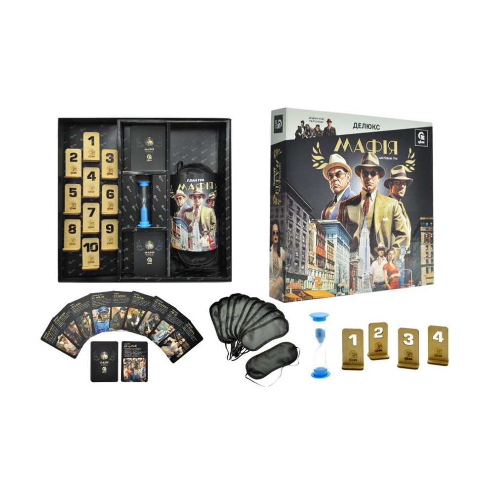 

Настільна гра Qbee Мафія Делюкс, з пісочним годинником, пов'язками для очей, номерками, українською мовою, від 7 років, 5.5*31*31 см