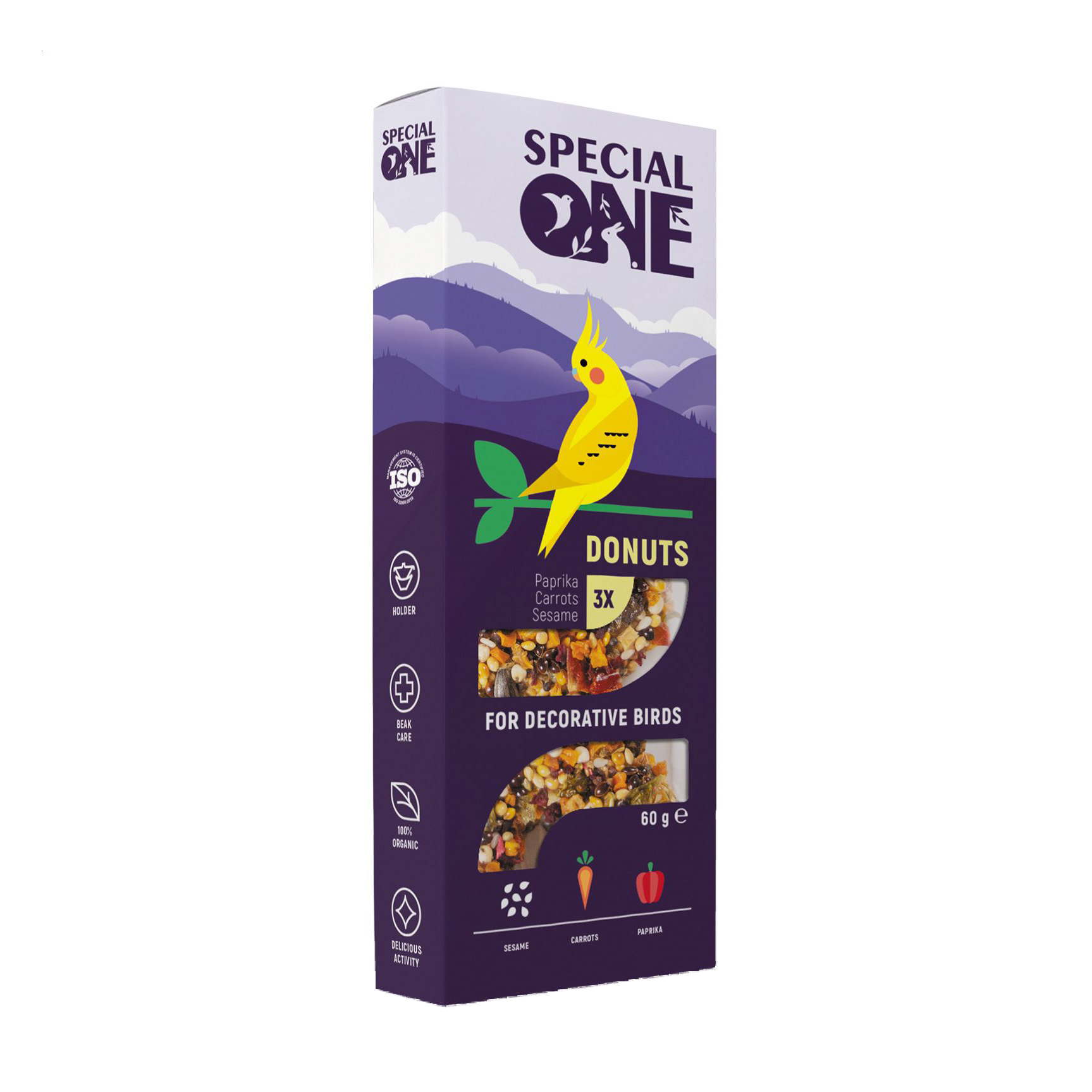 

Ласощі для декоративних птахів Special One Пончики Паприка, морква, кунжут, 3 шт, 60 г