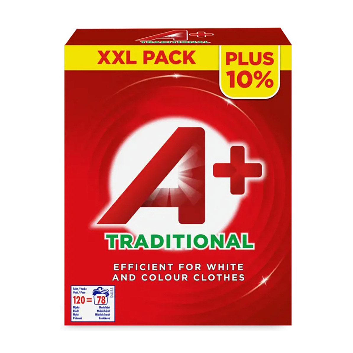 

Пральний порошок A+ Traditional для білих та кольорових речей, 120 циклів прання, 5.076 кг