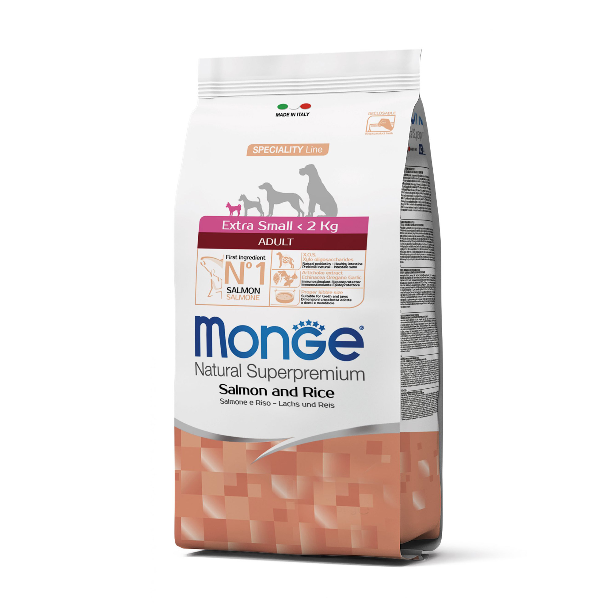 

Сухий корм Monge Extra Small Adult для собак малих порід (до 2 кг), зі смаком лосося з рисом, 800 г