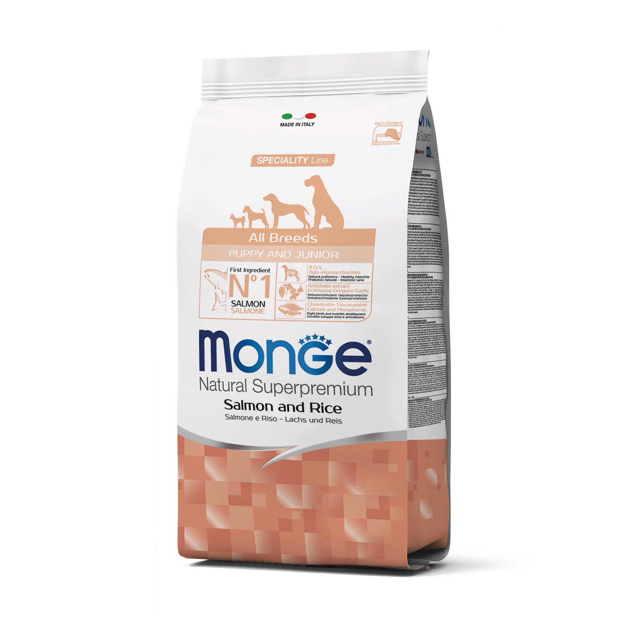 

Сухий корм Monge All Breeds Puppy & Junior для цуценят та собак всіх порід, зі смаком лосося з рисом, 2.5 кг