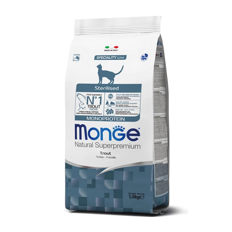 

Сухий корм для стерилізованих кішок Monge Monoprotein Sterilised зі смаком форелі, 1.5 кг