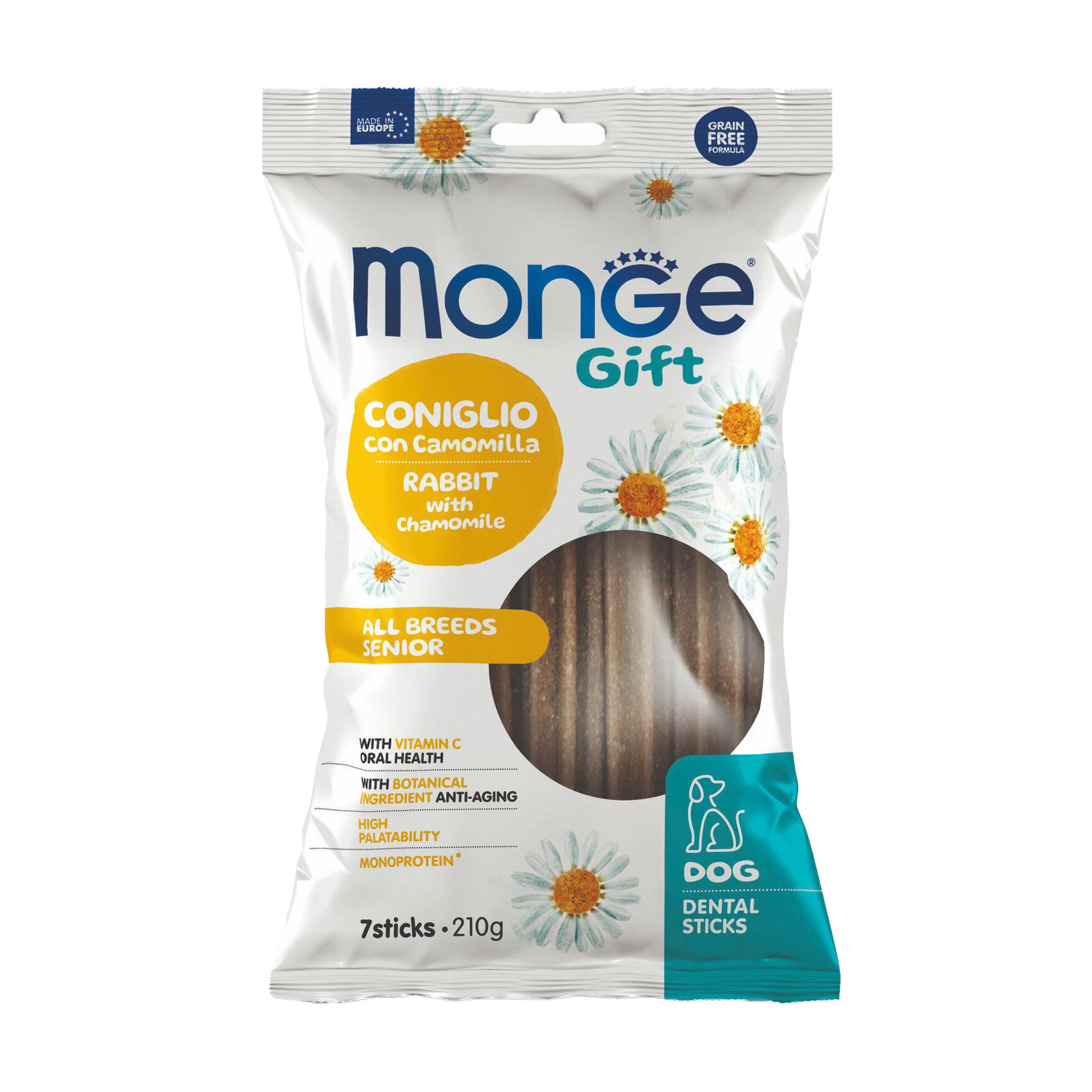 

Ласощі для собак Monge Gift All Breeds Senior Dog Dental Sticks зі смаком кролика з ромашкою, 210 г