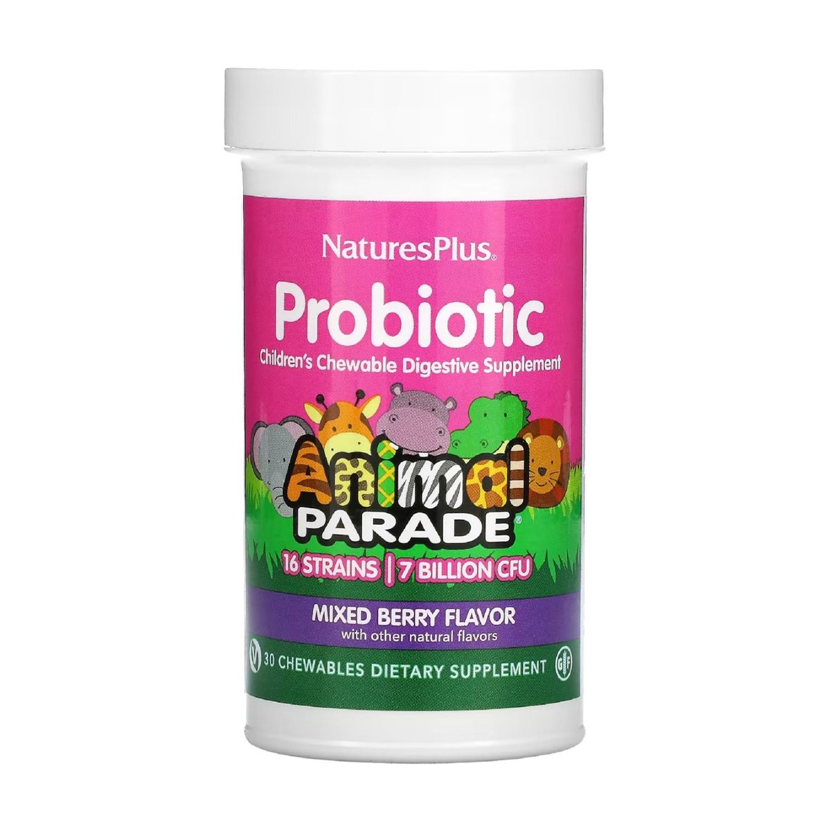 

Пробіотик для дітей NaturesPlus Animal Parade Probiotic зі смаком ягід, 30 жувальних таблеток