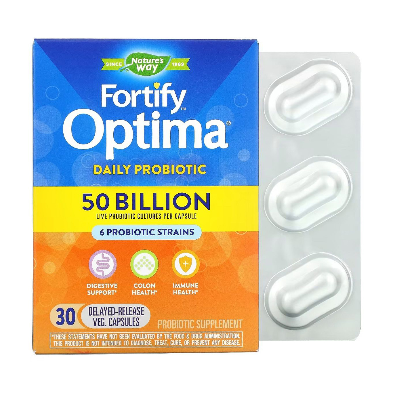 

Пробіотики для щоденного застосування Nature's Way Fortify Optima Daily Probiotic з відстроченим вивільненням, 50 млрд КУО, 30 капсул