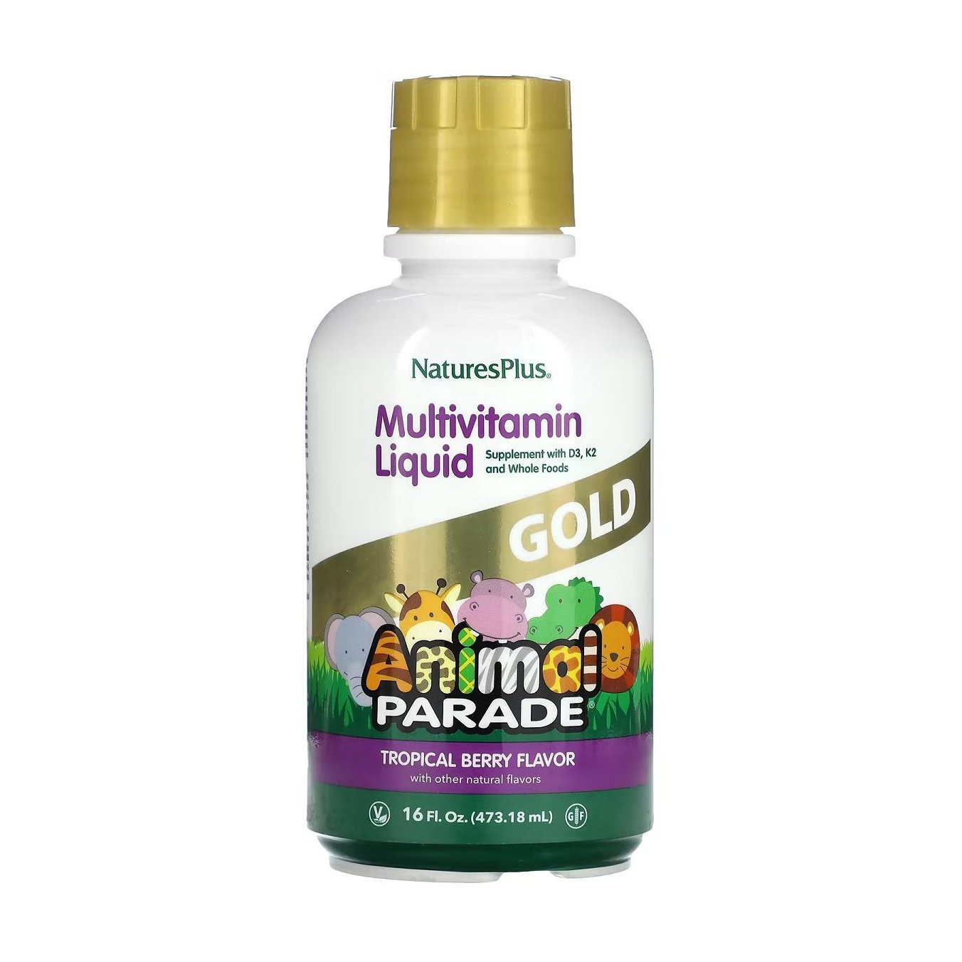 

Дитячі мультивітаміни Natures Plus Animal Parade Gold з тропічним смаком, в рідині, 473 мл