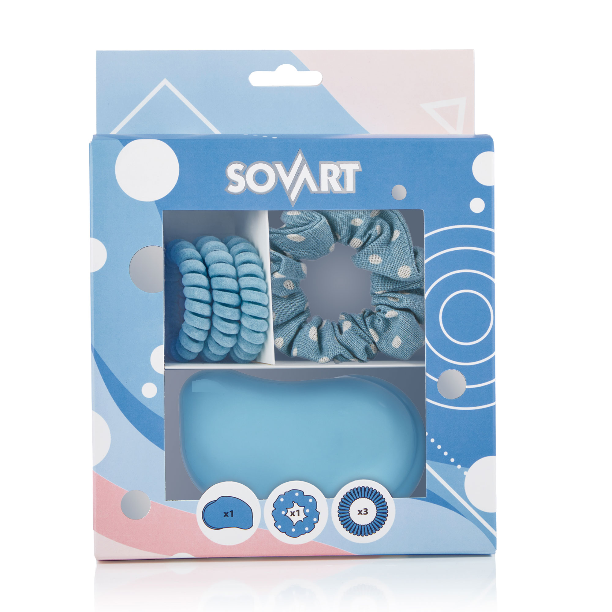 

Набір для волосся Sovart блакитний (щітка масажна, 1 шт + резинка об'ємна, 1 шт + резинки-пружинки, 3 шт)