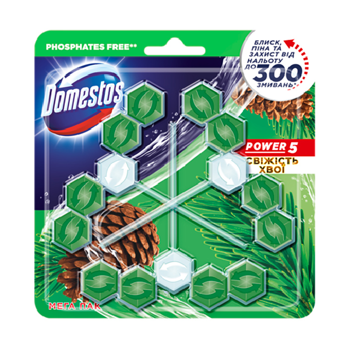 

Блок для очищення туалету Domestos Power 5 Свіжість хвої, 3*55 г