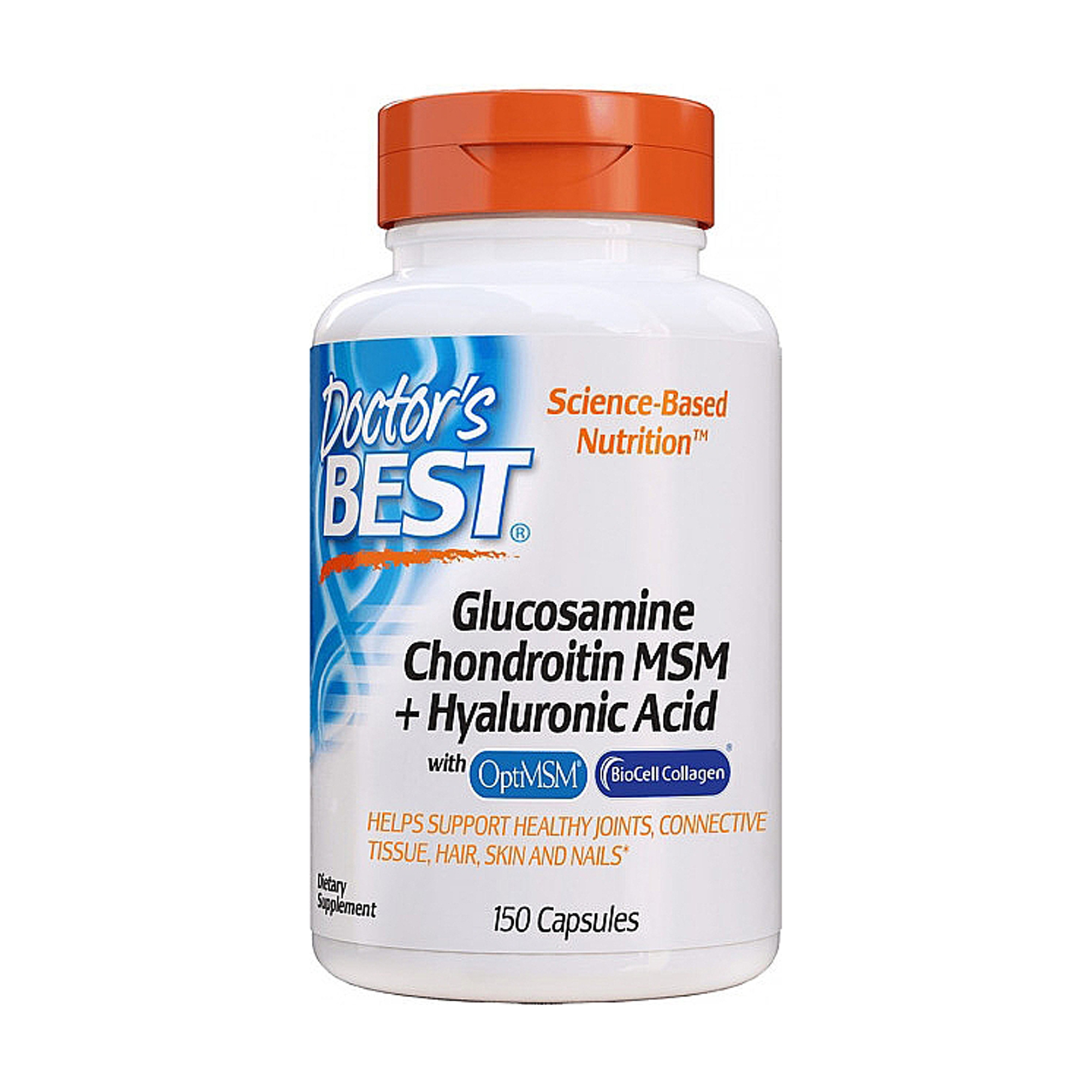 

Глюкозамін, хондроїтин, МСМ + гіалуронова кислота Doctor's Best Glucosamine Chondroitin MSM + Hyaluronic Acid, 150 веганських капсул