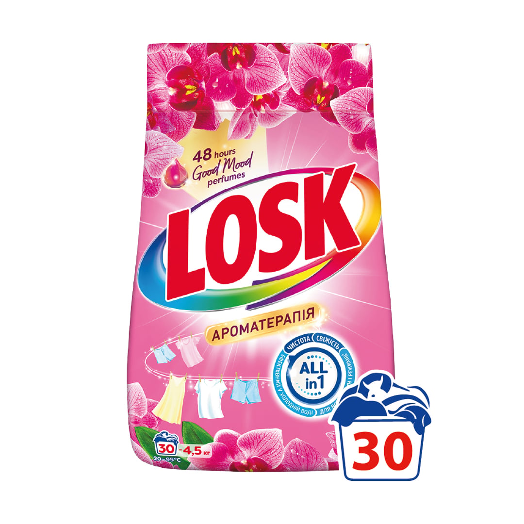 Пральний порошок Losk Ароматерапія, з ефірними оліями та ароматом малайзійських квітів, автомат, 30 циклів прання, 4.5 кг