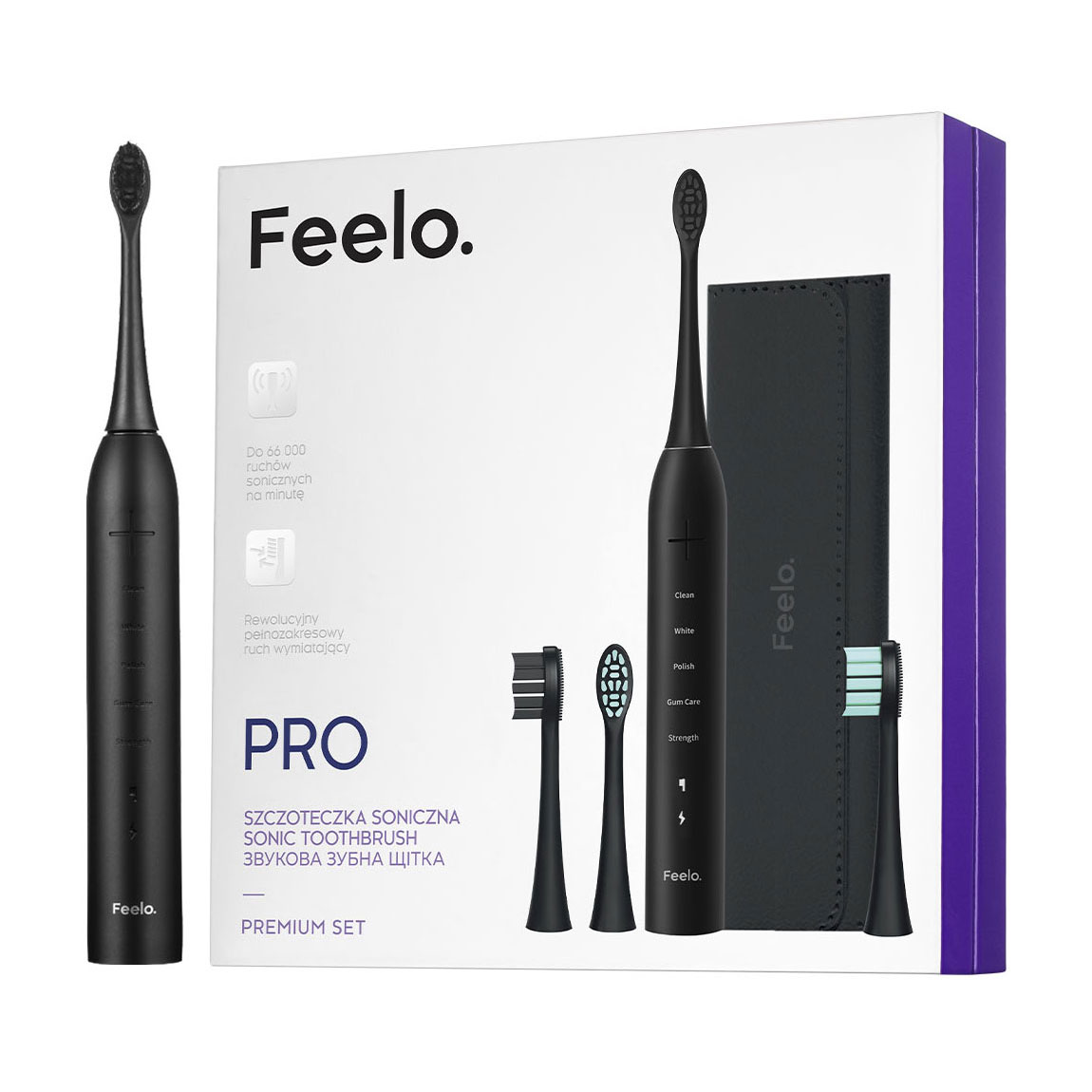 

Набір Feelo Pro Black Premium (електрична звукова зубна щітка, 1 шт + змінні насадки, 4 шт + чохол, 1 шт)