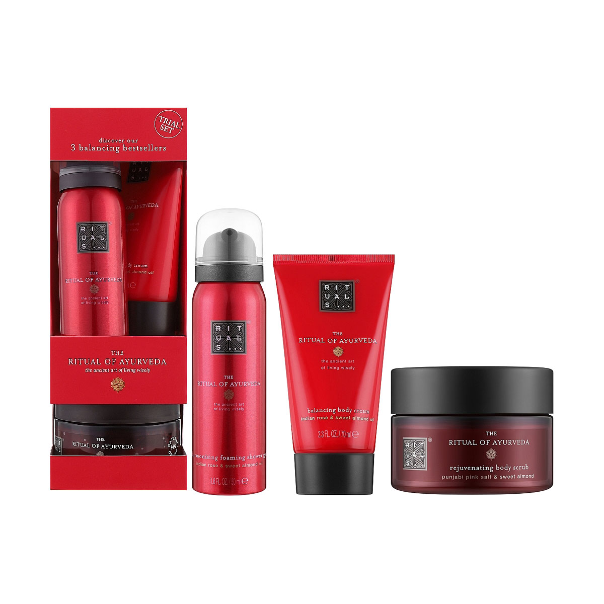 

Уцінка! Подарунковий набір Rituals of Ayurveda (Гель-піна для душу, 50 мл + скраб для тіла, 125 г + крем для тіла, 70 мл)