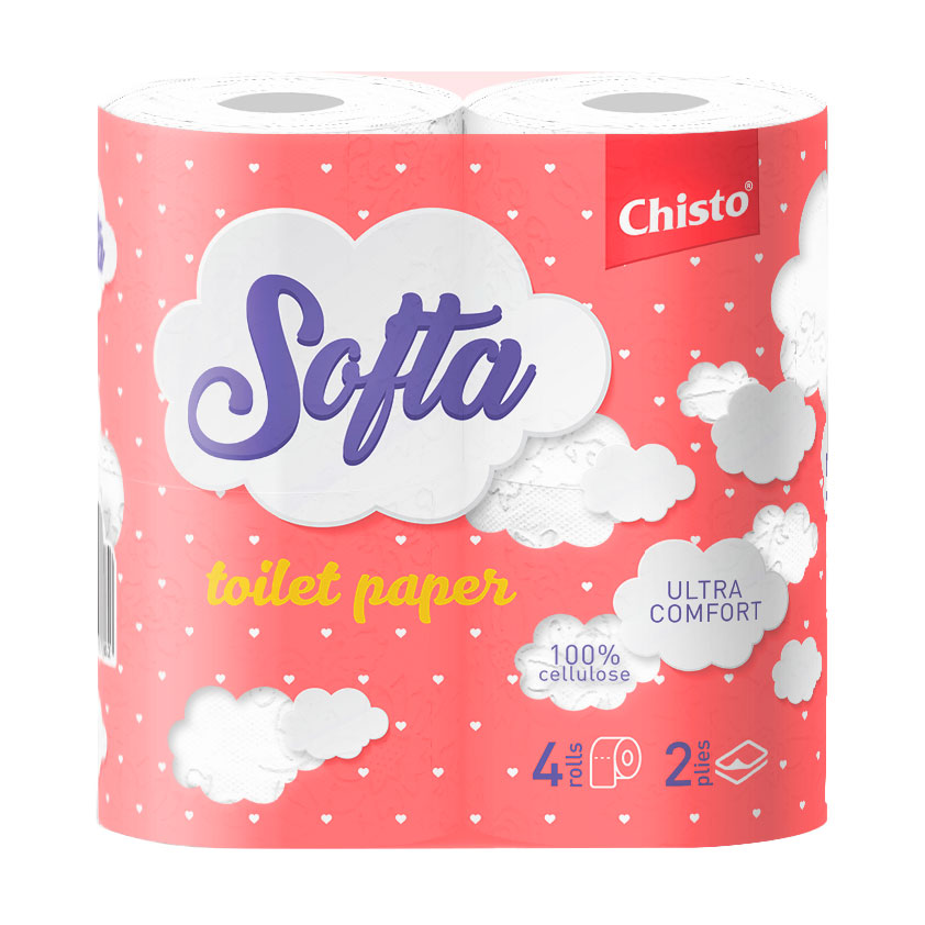 

Туалетний папір Chisto Softa на гільзі, біло-рожевий, 2-х шаровий, 4 шт