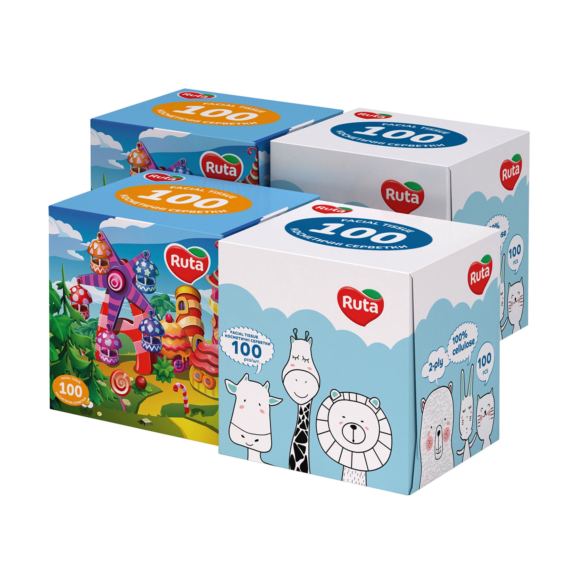 

Дитячі косметичні серветки RUTA Kids 2-шарові, 4*100 шт