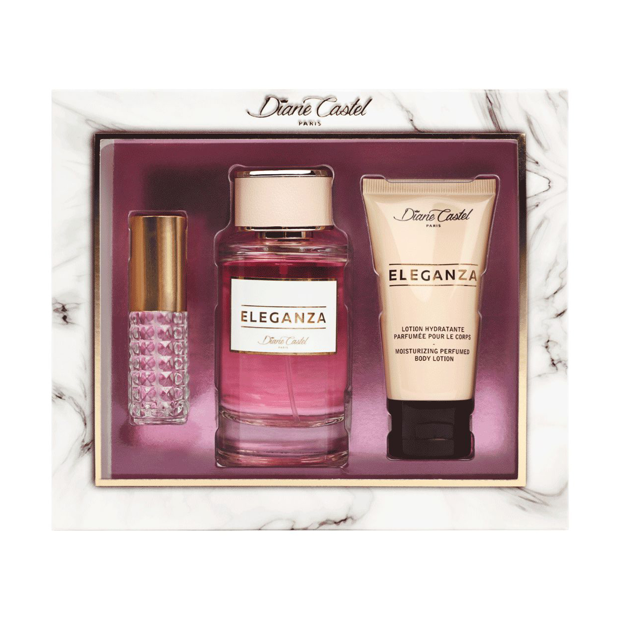 

Уцінка! Парфумований набір жіночий Diane Castel Eleganza (парфумована вода, 100 мл + лосьон для тіла, 50 мл + парфумована вода, 10 мл)