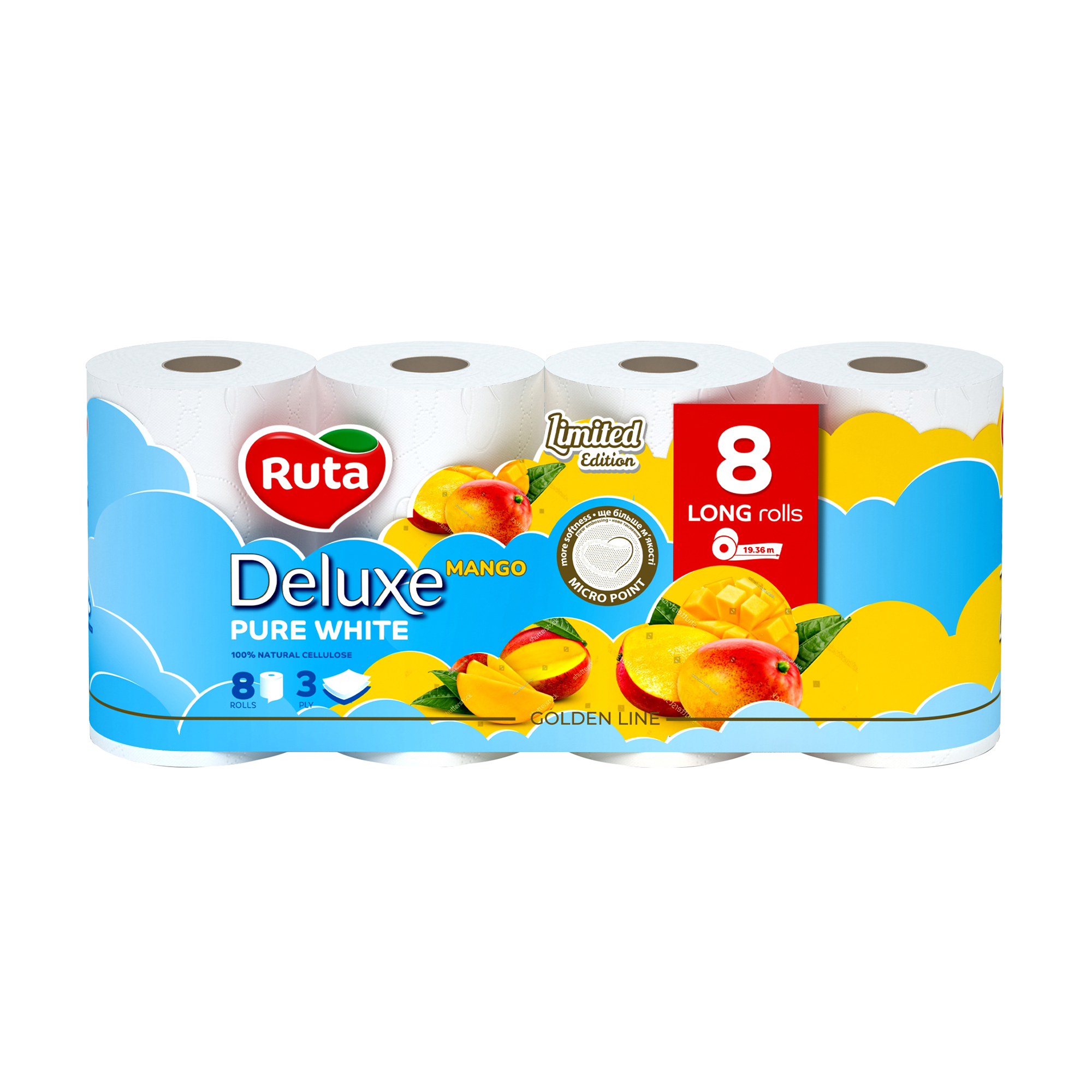 

Туалетний папір Ruta Deluxe Pure White Mango білий, 3-шаровий, 8 рулонів