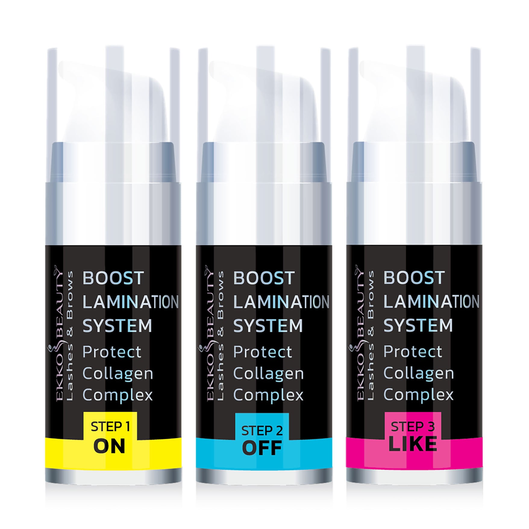 

Уцінка! Набір для ламінування брів та вій Ekko Beauty Lash & Brow Boost Lamination System Protect Collagen Complex, 3*10 мл