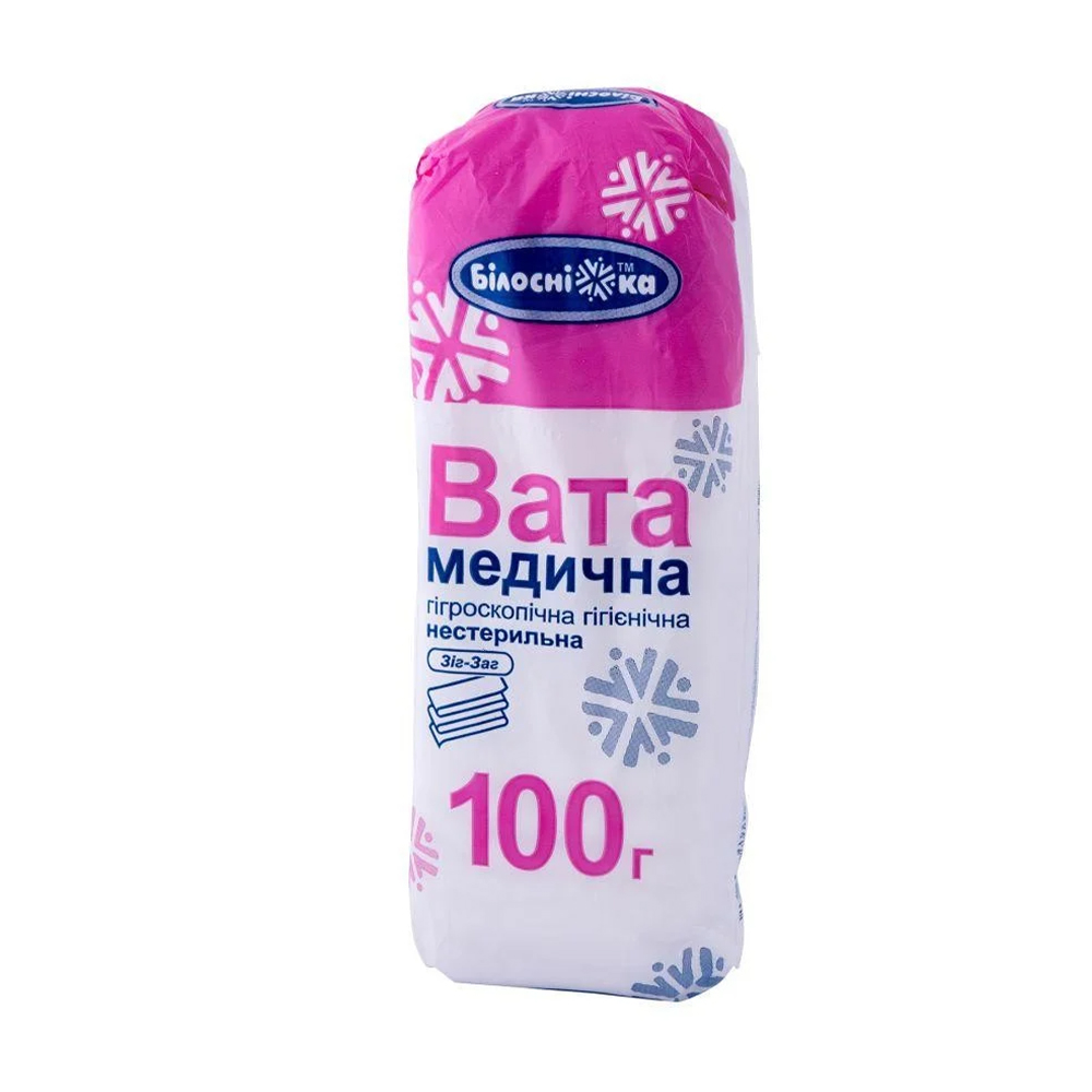 

Вата медична Білосніжка гігроскопічна гігієнічна нестерильна, зиг-заг, 100 г