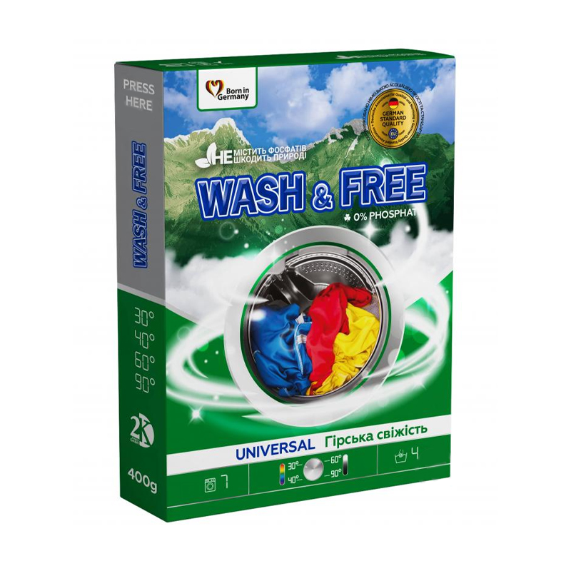 

Універсальний пральний порошок Wash & Free Universal Гірська свіжість, 7 циклів прання, 400 г