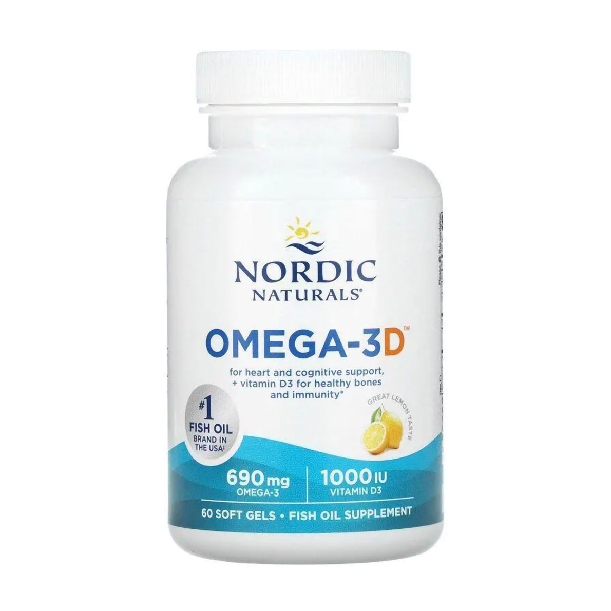 

Риб'ячий жир з вітаміном Nordic Naturals Omega-3D, зі смаком лимону, 690 мг + 1000 МО, 60 гелевих капсул