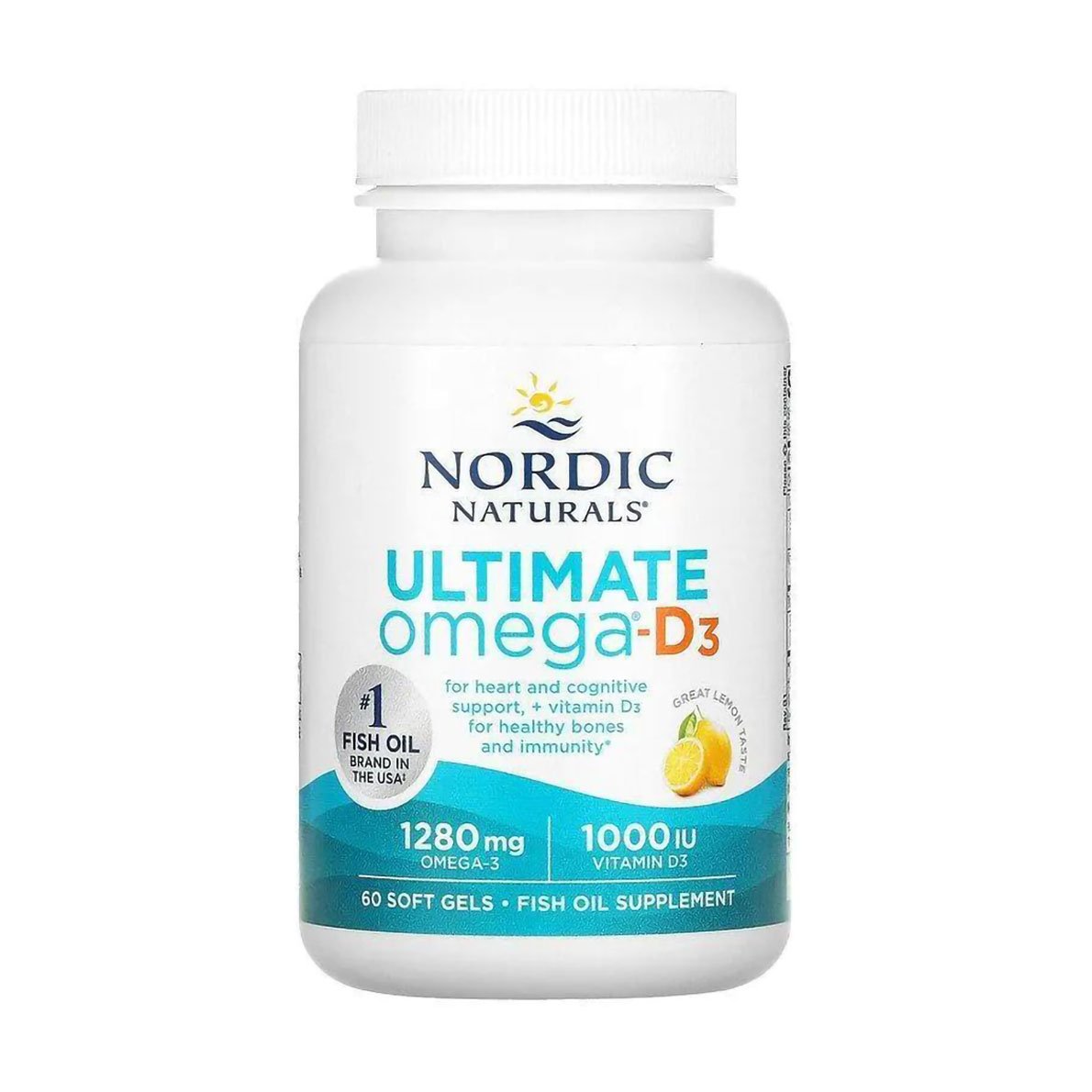 

Риб'ячий жир з вітаміном Nordic Naturals Ultimate Omega-D3, зі смаком лимону, 1280 мг + 1000 МО, 60 гелевих капсул