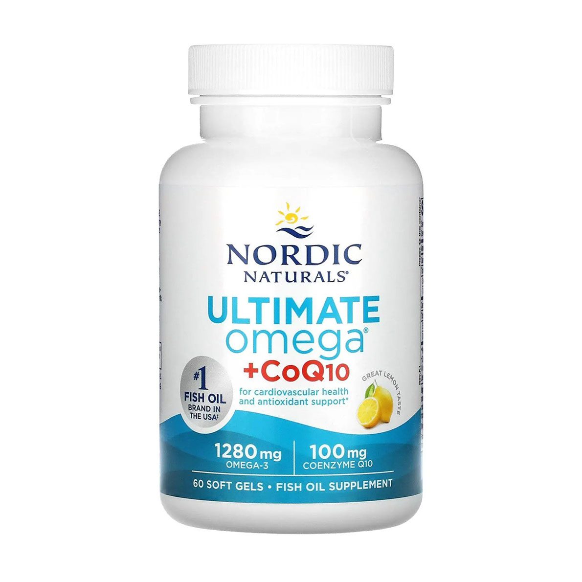 

Риб'ячий жир із коензимом Q10 Nordic Naturals Ultimate Omega + CoQ10, 1280 мг + 100 мг, зі смаком лимона, 60 гелевих капсул