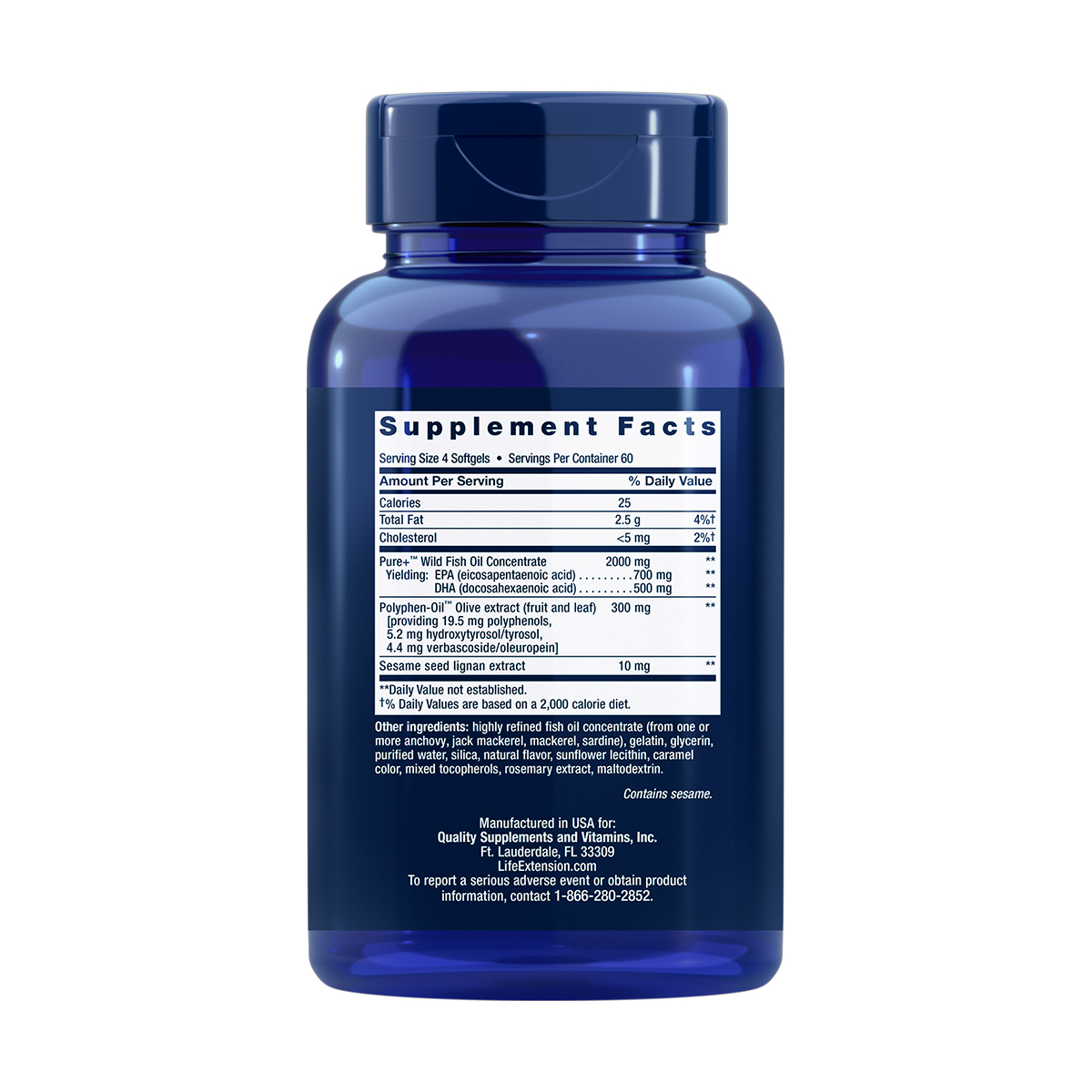 

Супер омега-3 Life Extension Super Omega-3 EPA/DHA Fish Oil, Sesame Lignans & Olive Extract, 240 гелевих капсул