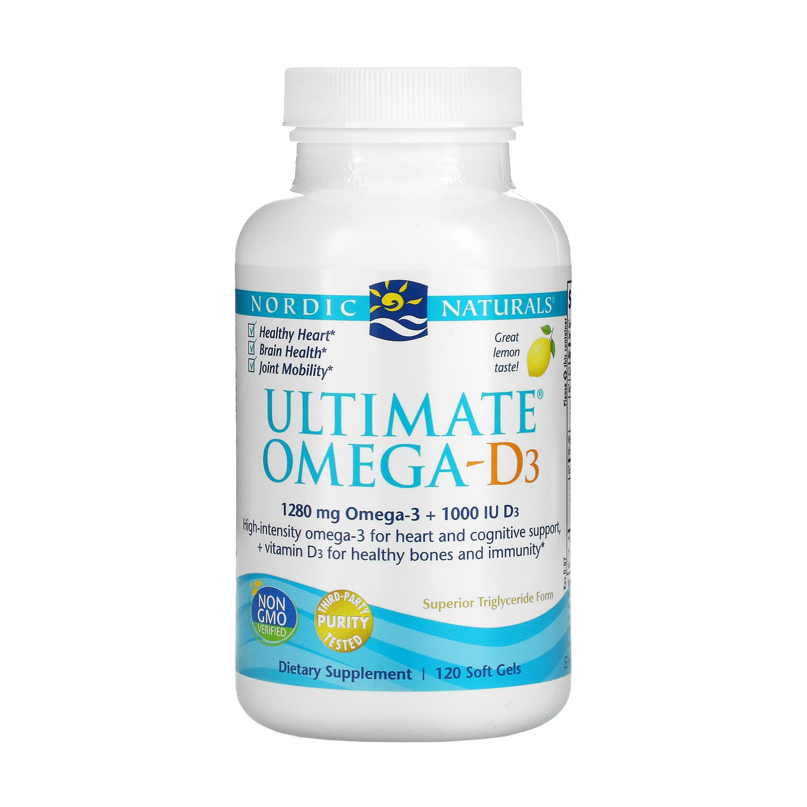 

Риб'ячий жир з вітаміном Nordic Naturals Ultimate Omega-D3, зі смаком лимону, 1280 мг + 1000 МО, 120 гелевих капсул