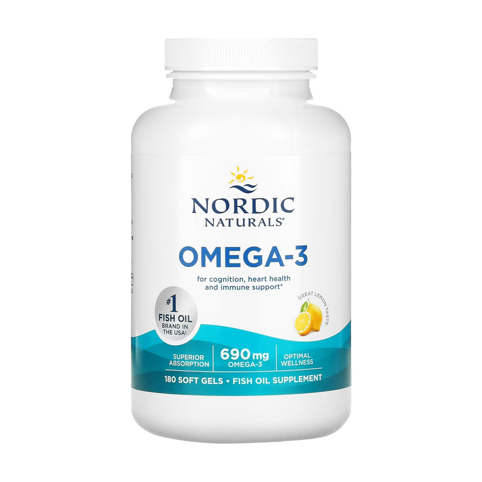 

Омега-3 Nordic Naturals Omega-3, зі смаком лимону, 690 мг, 180 гелевих капсул