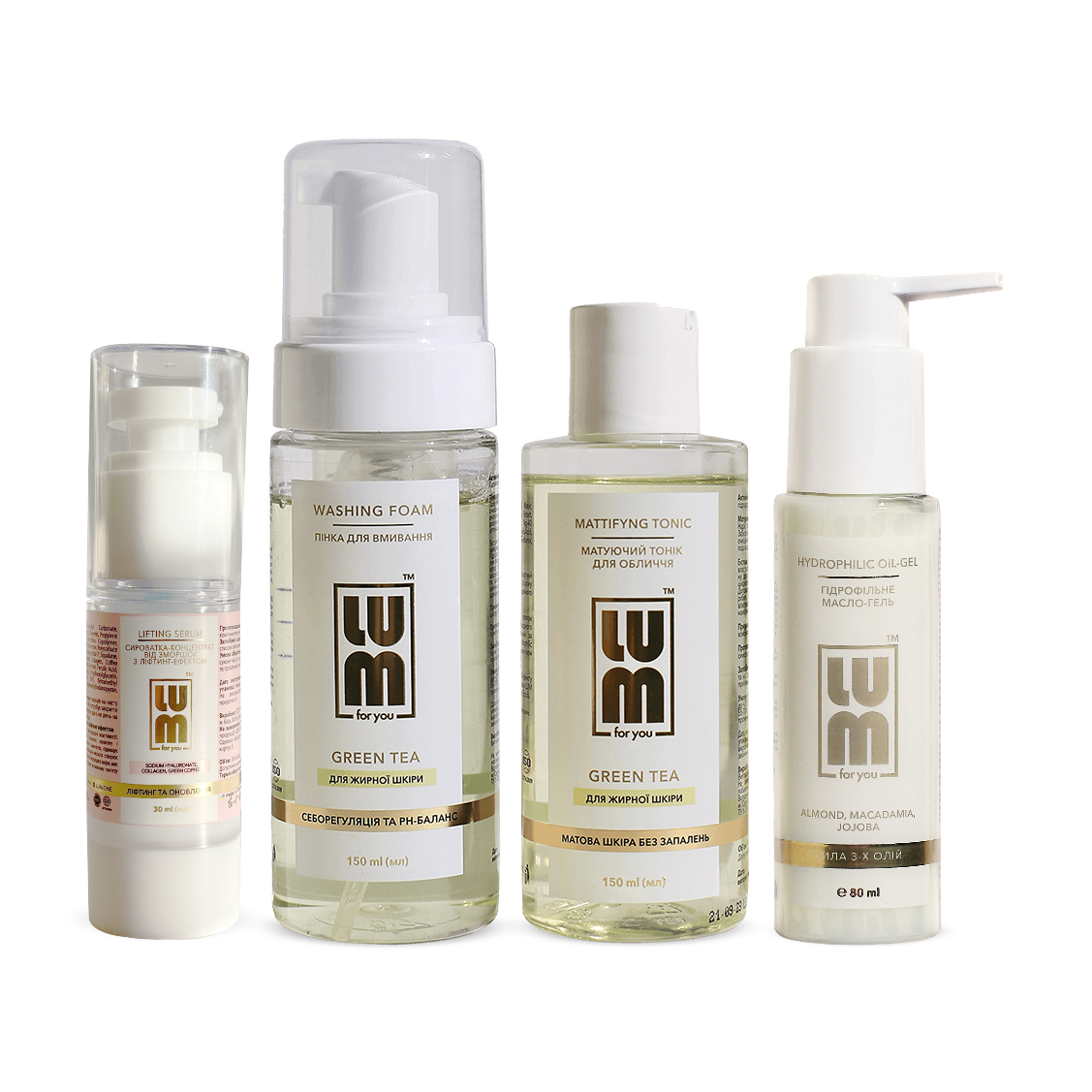 

Уцінка! Набір LUM для жирної шкіри обличчя (пінка, 150 мл + тонік, 150 мл + гідрофільна олія, 80 мл + сироватка, 30 мл)