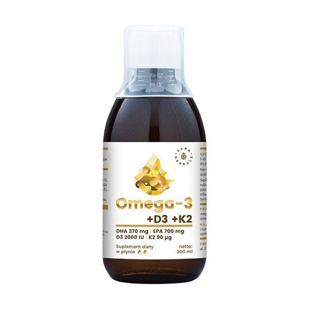 

Омега-3 з вітамінами D3 + K2 Aura Herbals Omega + D3 + K2, DHA 370 мг + EPA 700 мг + 2000 МО + 90 мкг, 200 мл
