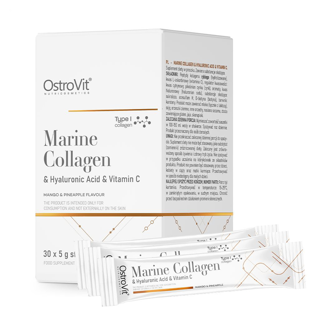 

Морський колаген з гіалуроновою кислотою та вітаміном C OstroVit Marine Collagen & Hyaluronic acid & Vitamin C Манго-ананас, 30*5 г