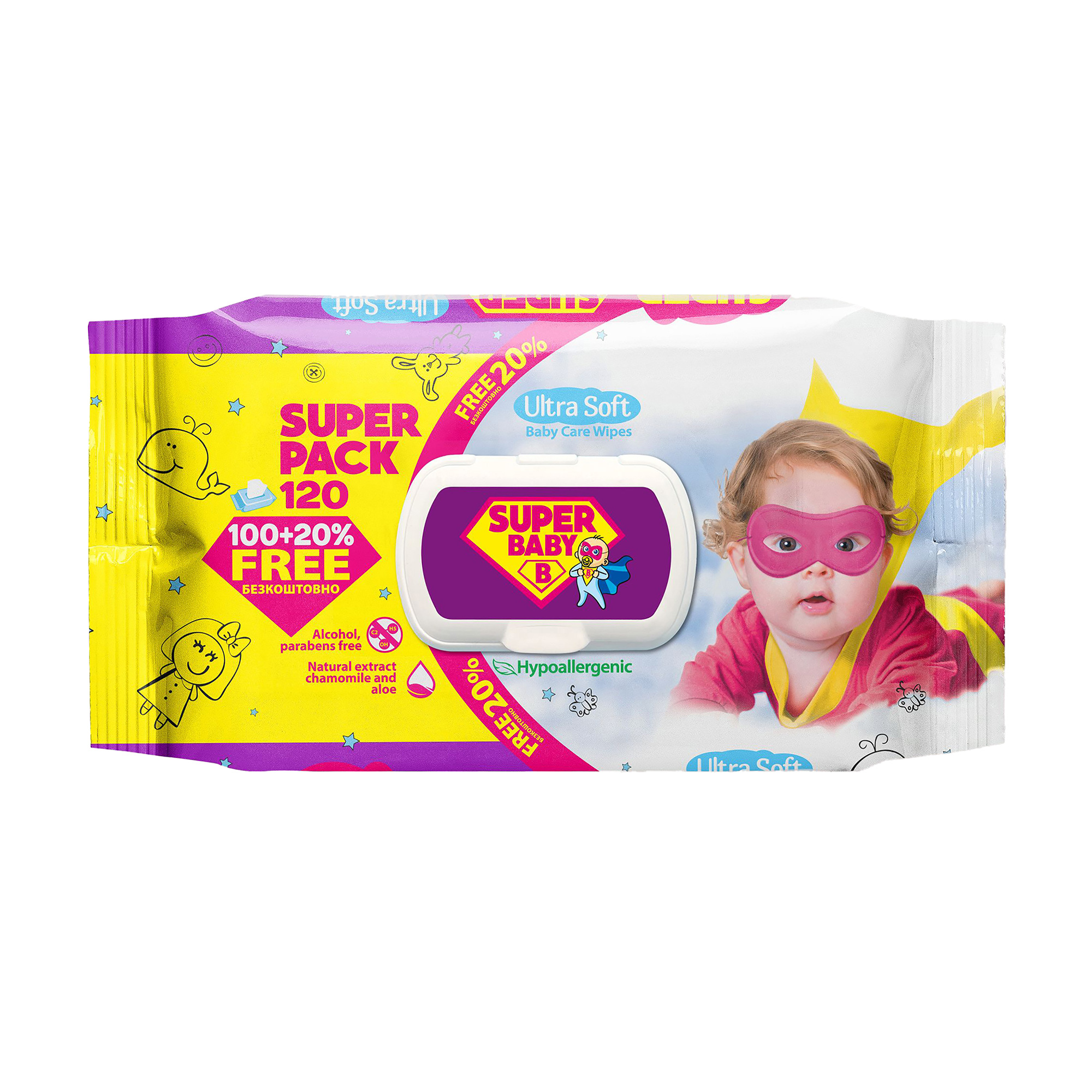 

Дитячі вологі серветки Naturelle Super Baby Super Pack Ultra Soft Baby Care Wipes дівчинка, з ромашкою та алое вера, 120 шт