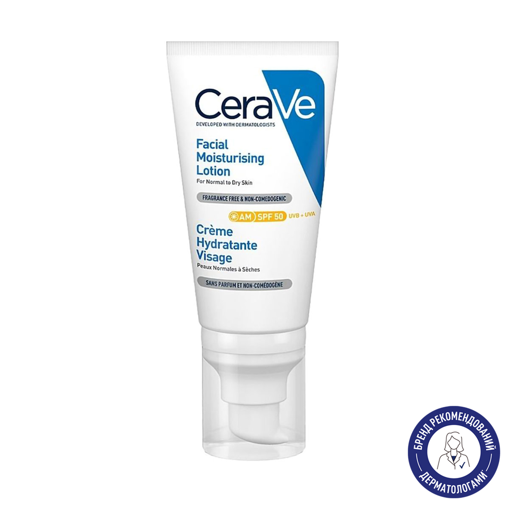 

Легкий зволожувальний крем CeraVe для нормальної та сухої шкіри обличчя з SPF 50, 52 мл
