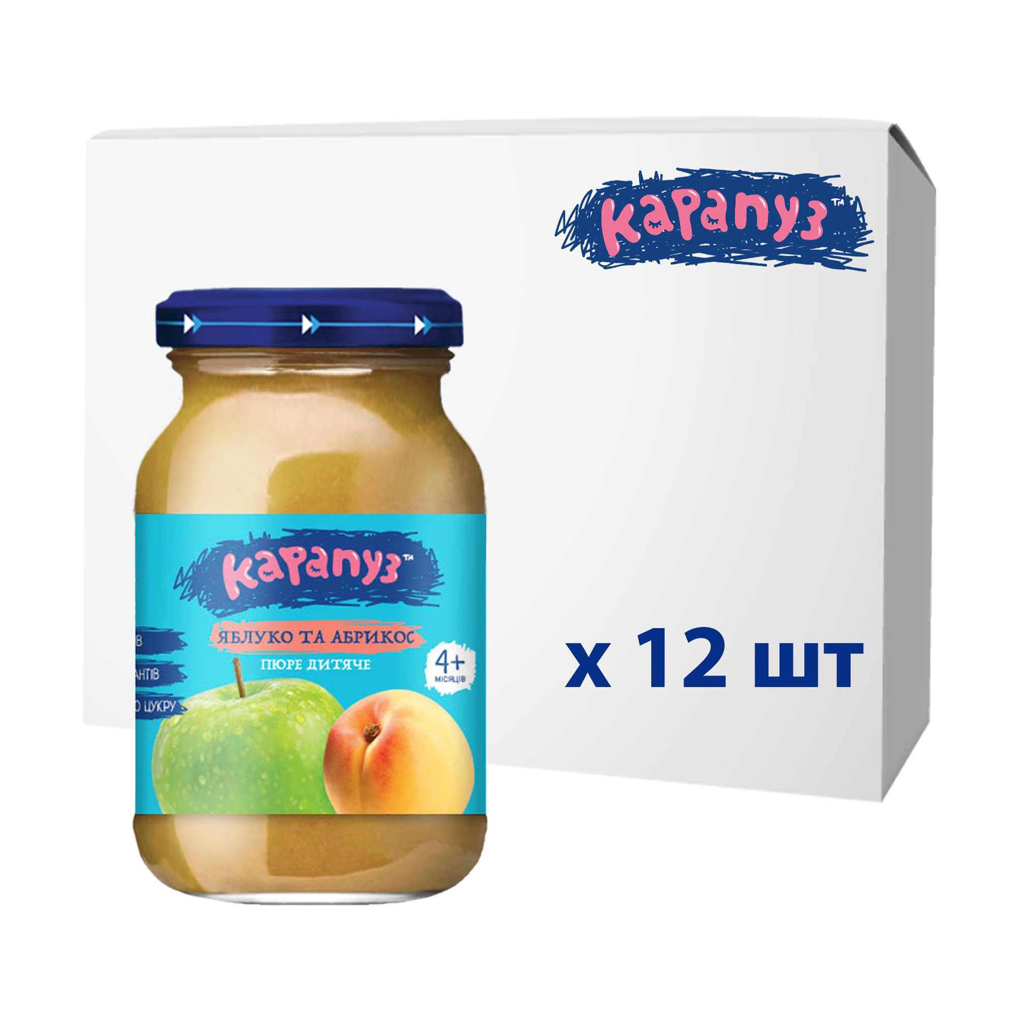 

Дитяче фруктове пюре Карапуз Яблуко та абрикос, від 4 місяців, 12*170 г