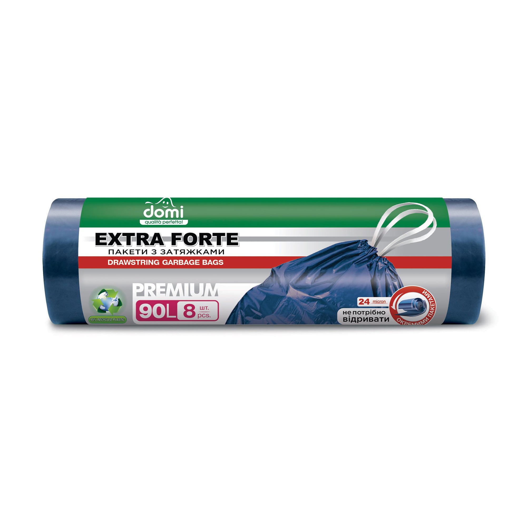 

Пакети для сміття Domi Extra Forte надміцні, з затяжками, сині, 90 л, 8 шт