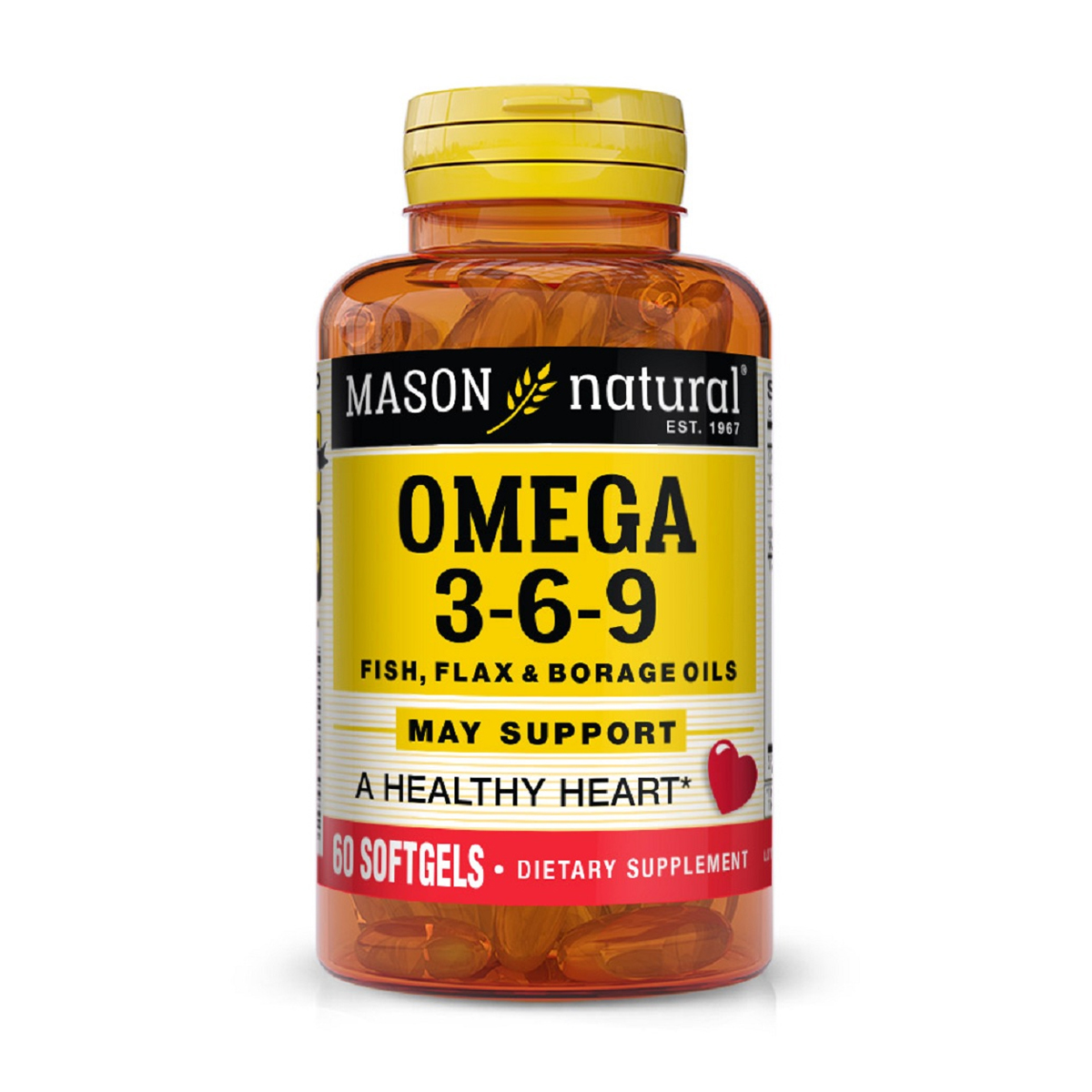 

Потрійна омега 3-6-9, олія риби, льону та огірника Mason Natural Omega 3-6-9 Fish, Flax & Borage Oils 1200 мг, 60 гелевих капсул