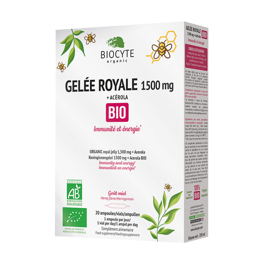 

Маточне молочко та ацерола Biocyte Gelee Royale Bio 1500 мг, 20 ампул