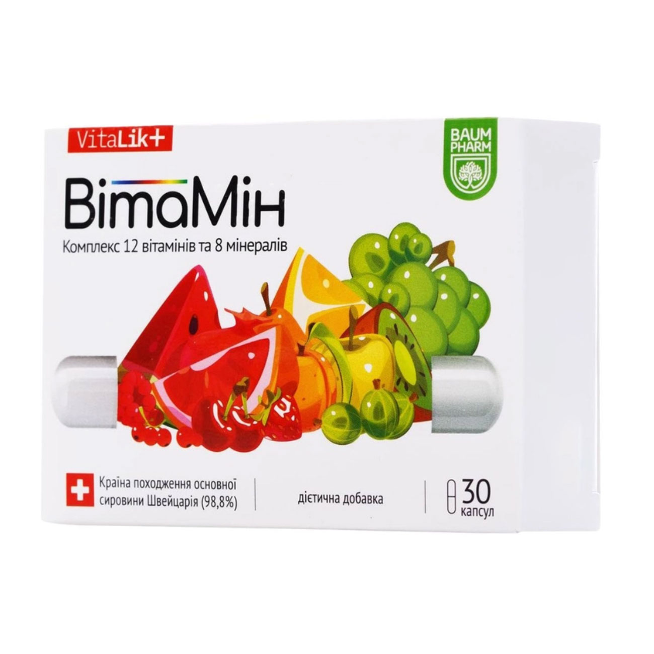 

Уцінка! Комплекс 12 вітамінів та 8 мінералів ВітаМін Baum Pharm VitaLik+, 30 капсул