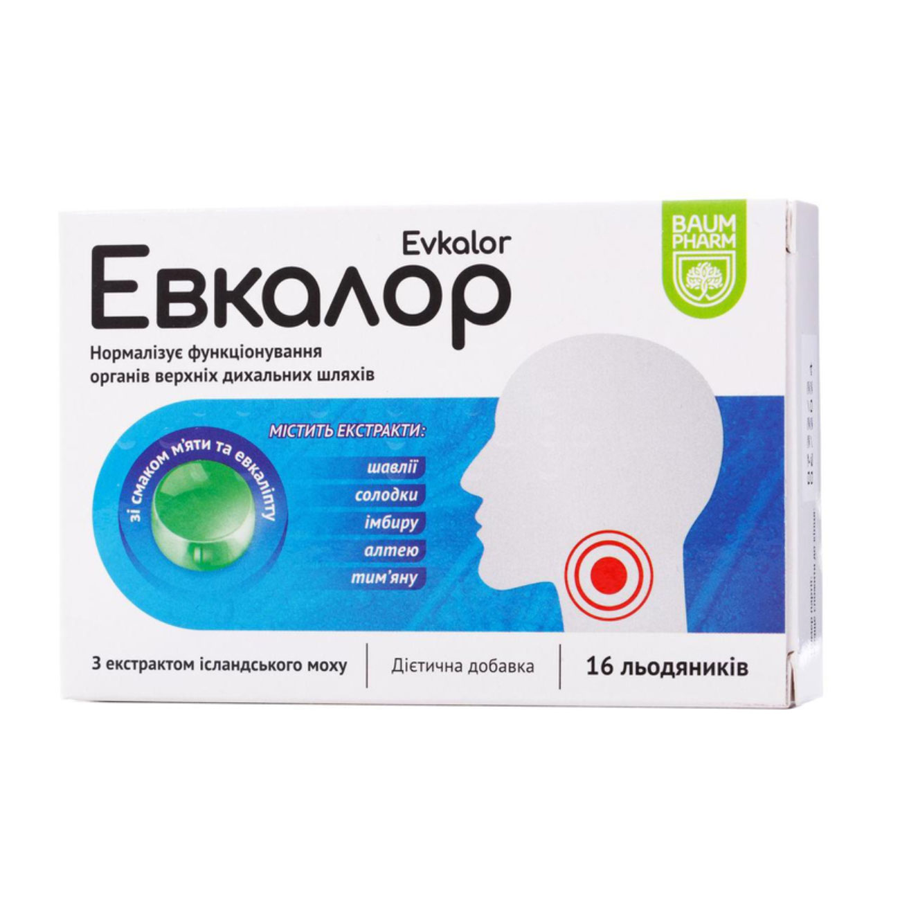 

Евкалор Baum Pharm Evkalor зі смаком м'яти та евкаліпту, 16 льодяників